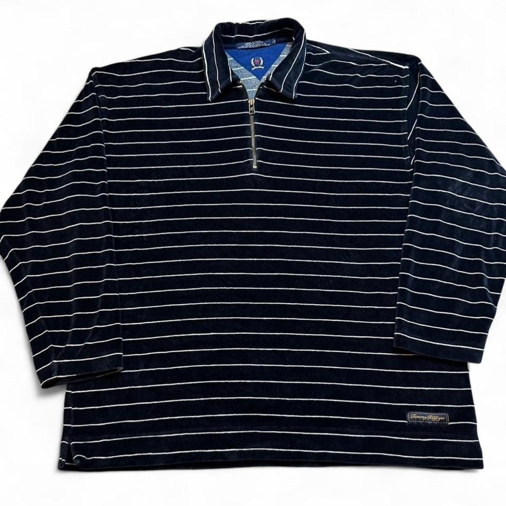 Vintage Tommy Hilfiger navy striped quarter zip velour polo long‎ sleeve large